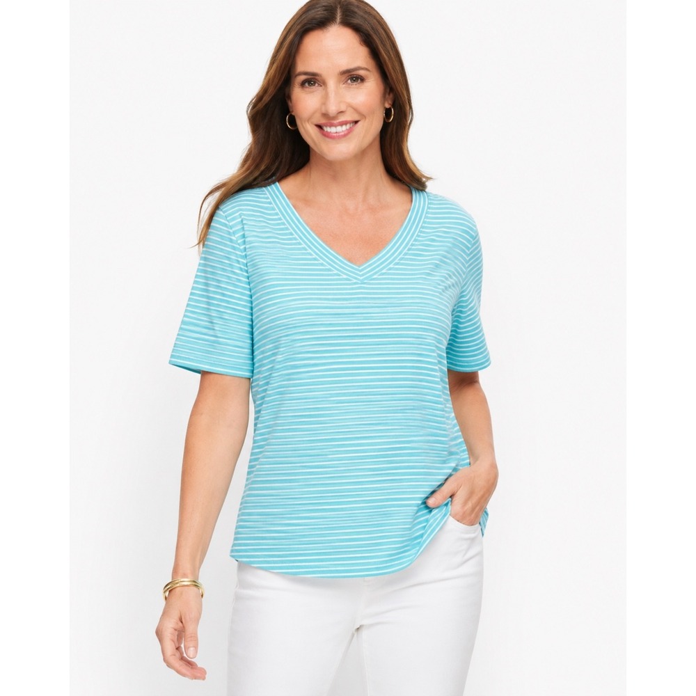 Talbots Womens XL Turquoise White Striped V-Neck Ribbed Short‎ Sleeve Top NWT